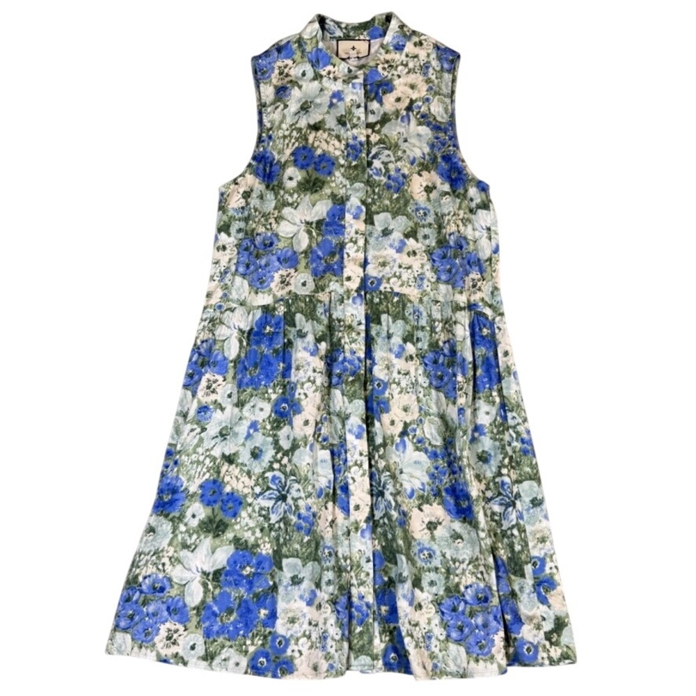 Tuckernuck Blue Green Floral Sleeveless Button Front Drop Waist Dress Medium